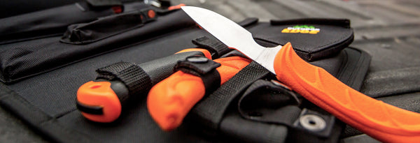 Outdoor Edge RazorBone - RBB-20 - Folding Hunting Knife Set - Replaceable  Blades - Orange Handle - Camo Sheath