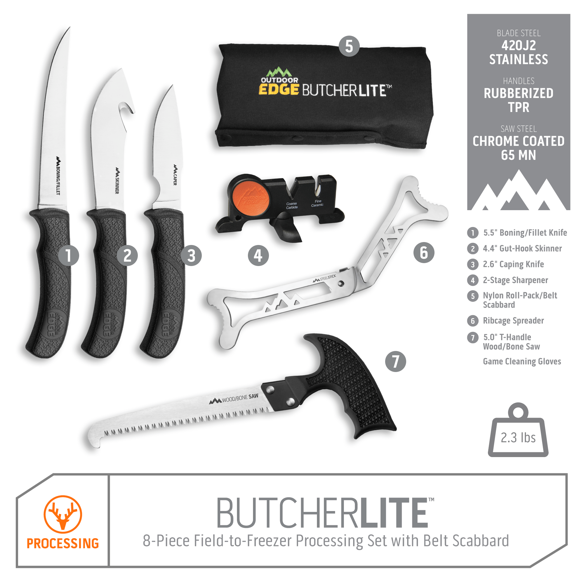 Outdoor Edge Wild Lite 5", 4", 2.5" Knives and 2-Stage  Sharpener Butcher Kit