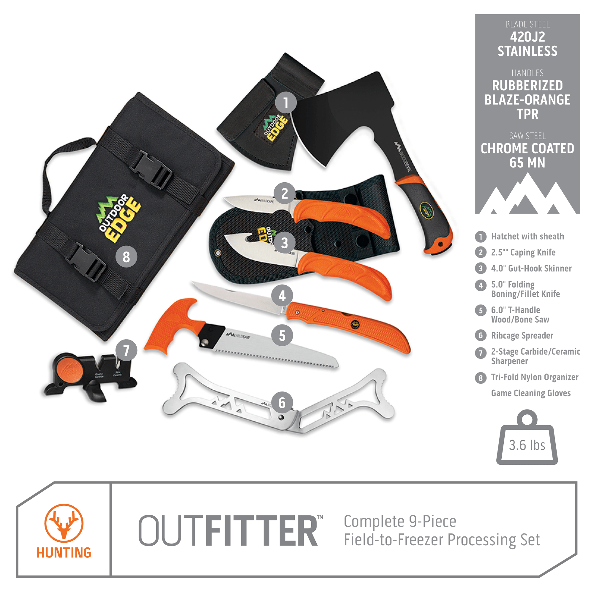 Outdoor Edge Outfitter Hunting Knife Set Product Photo with callouts for hatchet, caping knife, gut-hook skinner, boning/fillet knife, ribcage spreader, sharpener, and game cleaning gloves.