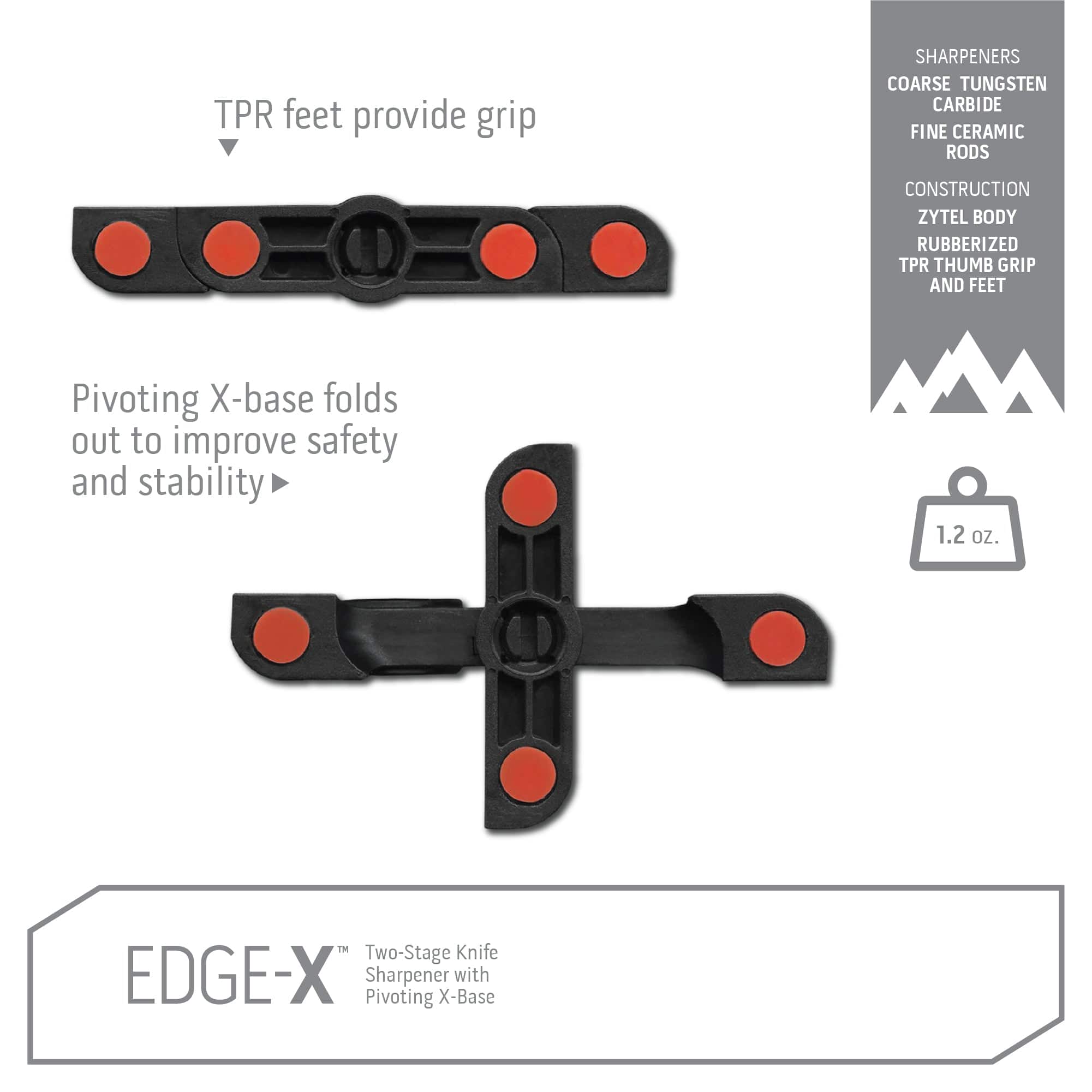 Outdoor Edge Edge-X, Pocket Sized 2-Stage Carbide/Ceramic Abrasive Knife  Sharpener with Folding X-Base that Improves Stability for all Outdoor and