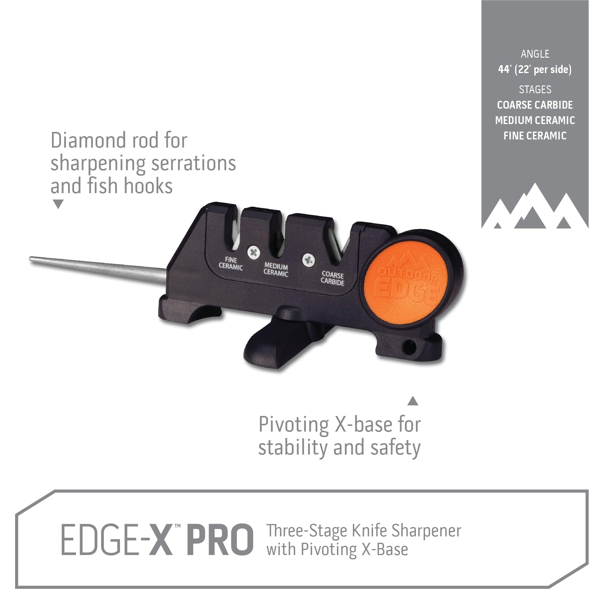 Outdoor Edge Edge-X, Pocket Sized 2-Stage Carbide/Ceramic Abrasive Knife  Sharpener with Folding X-Base that Improves Stability for all Outdoor and