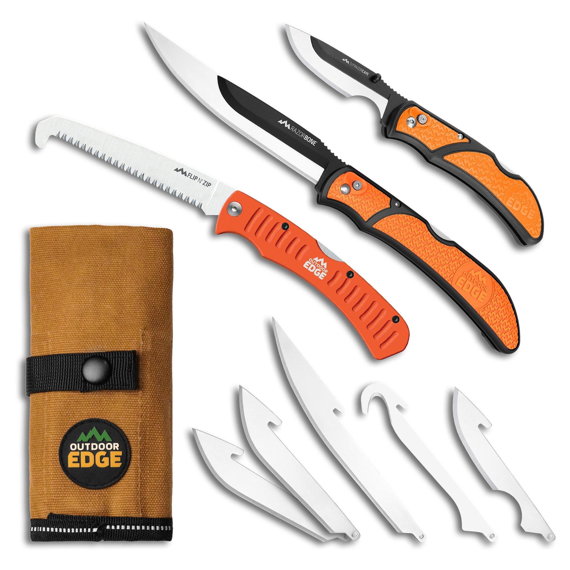 Outdoor Edge RazorGuide Pak Product photo including 3 knives and replacement blades