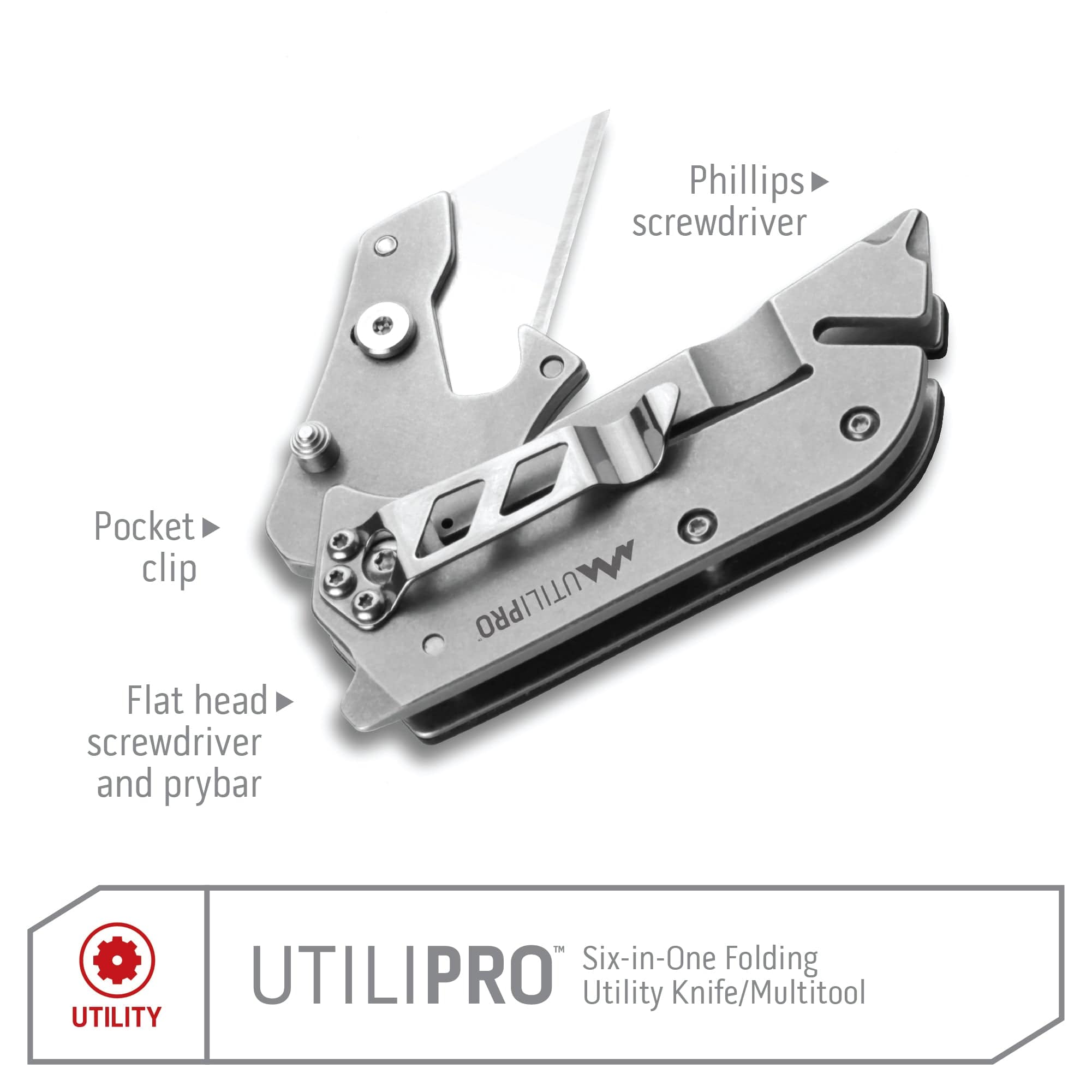 Outdoor Edge UtiliPro Silver Utility Knife/Multi Tool Product Photo with callouts for phillips screwdriver, pocket clip, and pry bar.